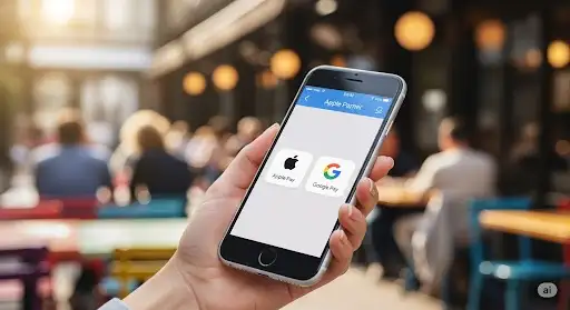 Ruce držící mobil s platebními ikonami